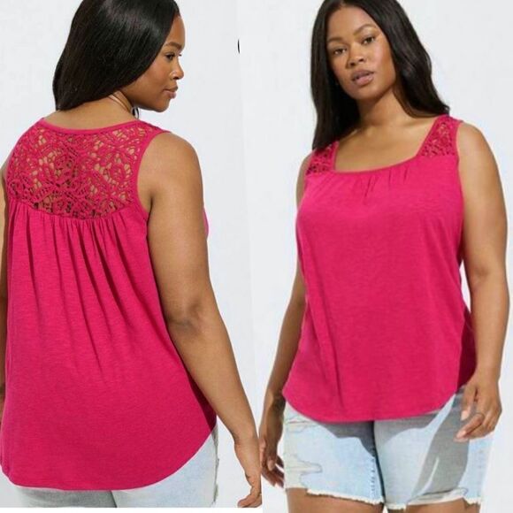 torrid Tops - Torrid Fuchsia Pink Knit Square Neck Lace Inset Tank SZ 2X